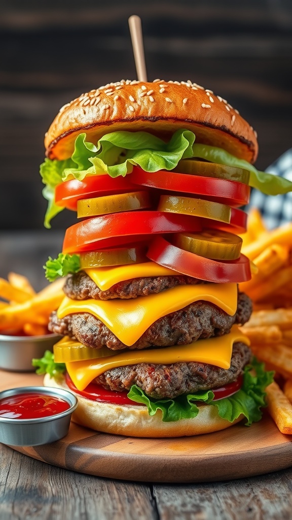 A classic cheeseburger with a beef patty, cheddar cheese, lettuce, and tomato on a wooden table with fries.
